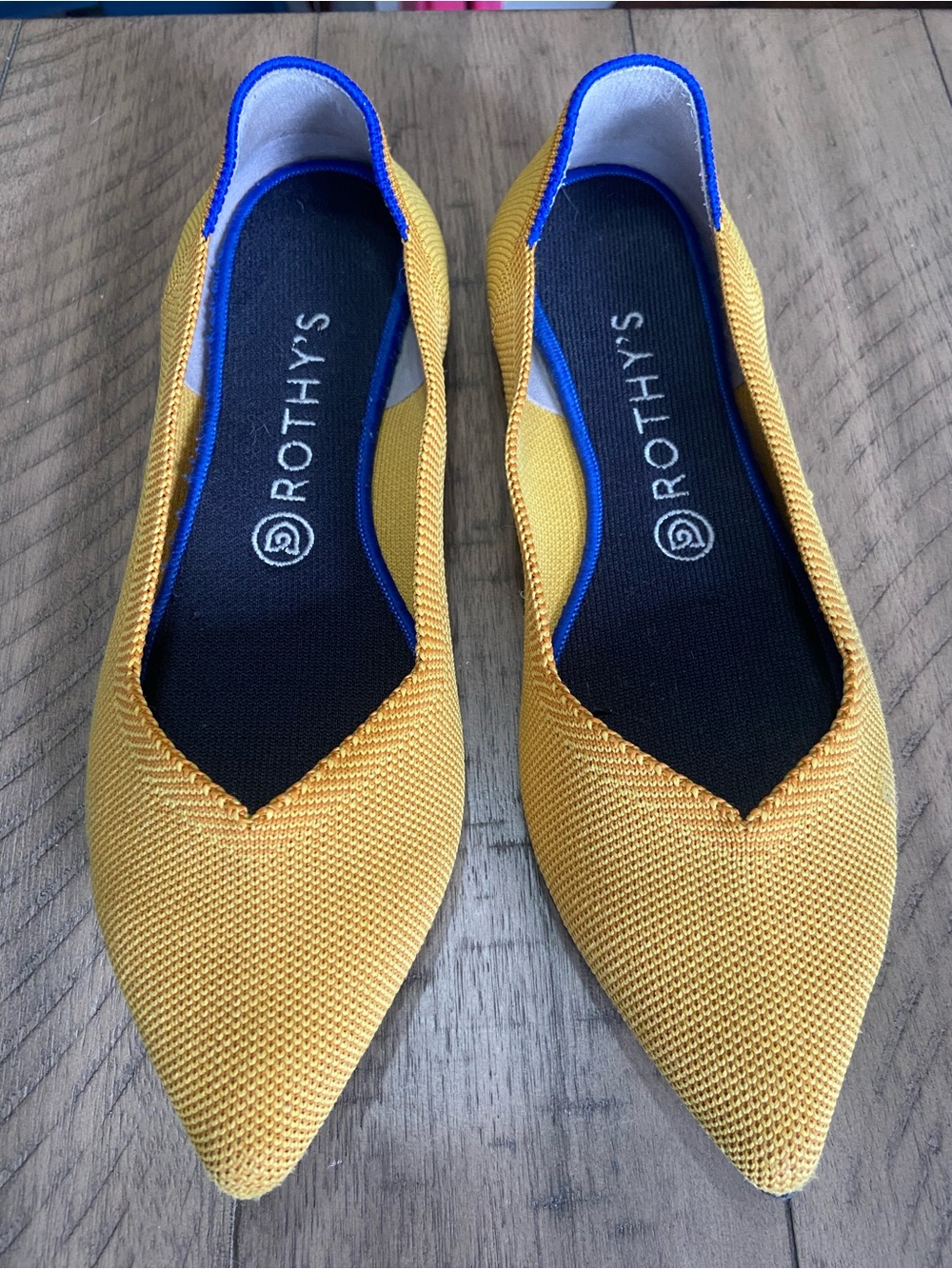Rothy's Yellow Pointed Knit Flats with Blue Trim
